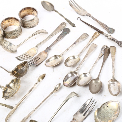 1009 - 6 various silver teaspoons, a silver-handled button hook, and a quantity of plated teaspoons, napkin... 