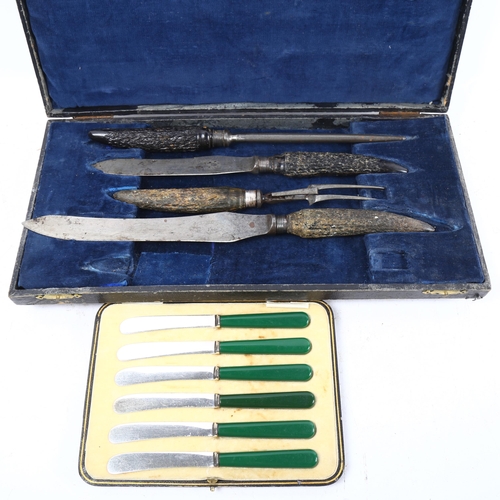 1019 - A Victorian horn-handled 4-piece carving set, in fitted case (1 piece missing), and a cased set of 6... 