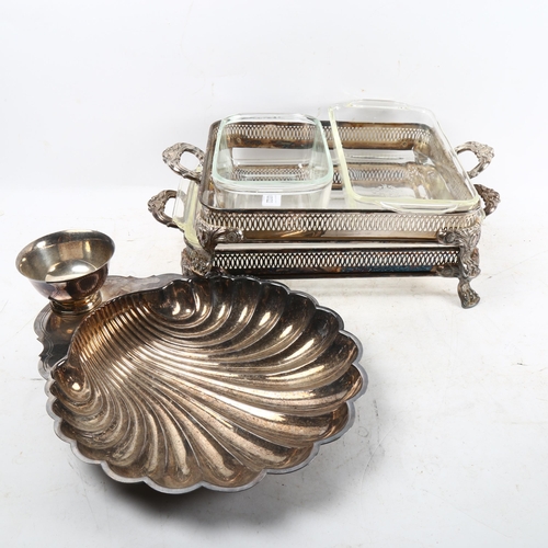 1022 - A graduated pair of 2-handled entree dishes with glass liners, on cast feet, and a silver plated sca... 