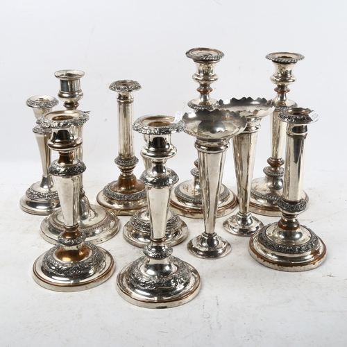 1026 - A group of Antique silver plate on copper candlesticks, and a pair of plated vases (11)