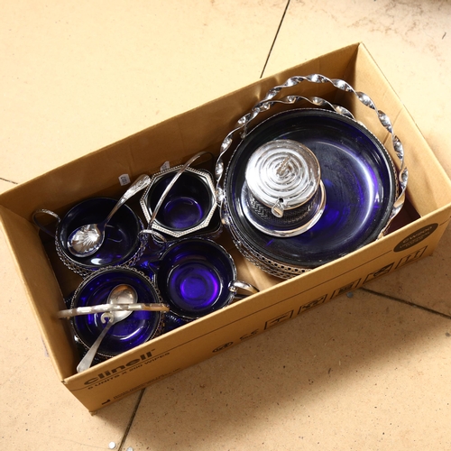 1027 - A collection of stainless steel preserve and fruit bowls, with blue glass liners (boxful)