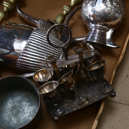 1032 - Silver plated coffee pot of half-fluted form, hot water jug, egg cups on stand, a graduated set of b... 