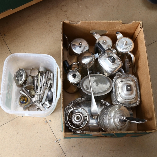 1033 - A large quantity of plated teaware. a spirit kettle on stand, cutlery etc (boxful)