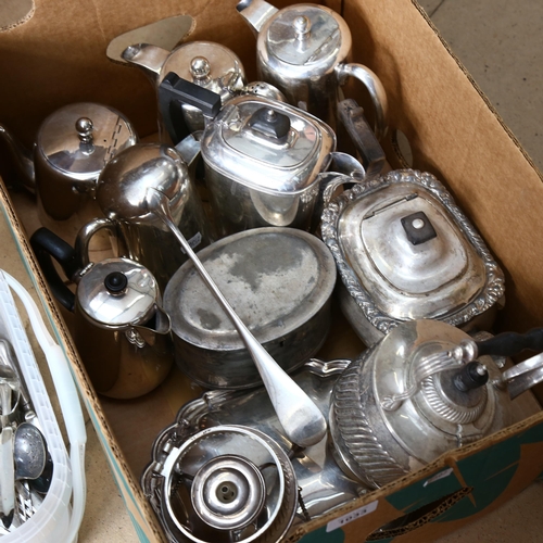 1033 - A large quantity of plated teaware. a spirit kettle on stand, cutlery etc (boxful)