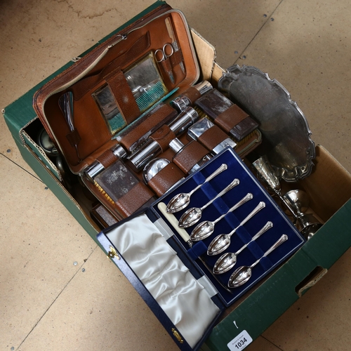 1034 - 2 oak canteen boxes (both empty), a pair of plated goblets, salver, pocket watch, a gent's vanity se... 