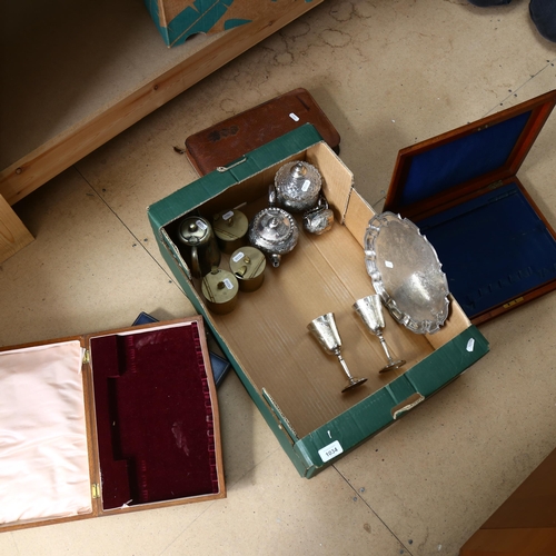 1034 - 2 oak canteen boxes (both empty), a pair of plated goblets, salver, pocket watch, a gent's vanity se... 