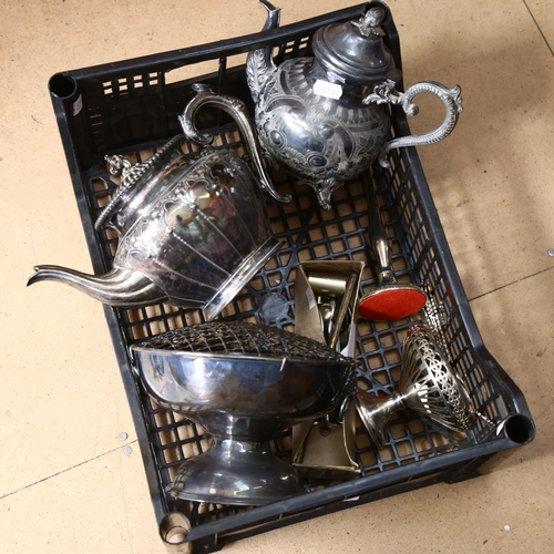 1036 - A silver plated teapot, plated rose bowl, a small plated bon bon dish, teaspoons etc (boxful)