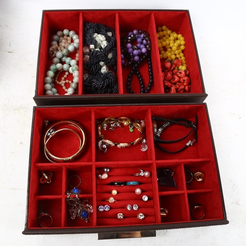 1043 - Various stone bead and other costume jewellery, earrings etc, and a fitted 2-drawer jewellery box