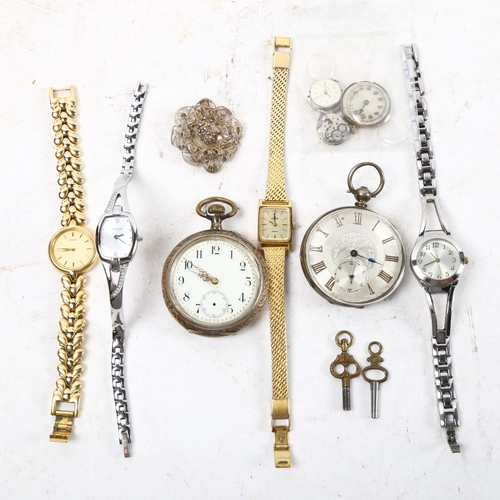 1059 - 2 pocket watches, lady's wristwatches, watch key etc