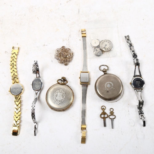 1059 - 2 pocket watches, lady's wristwatches, watch key etc