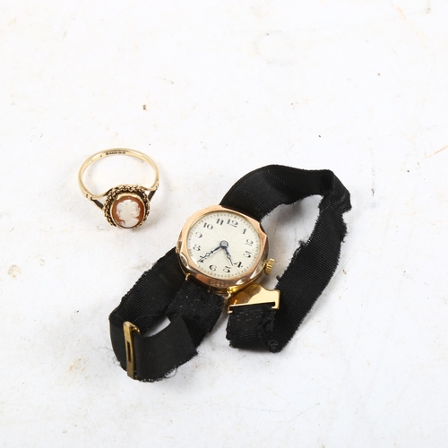 1062 - A lady's 9ct gold-cased mechanical wristwatch, and a 9ct gold and cameo set dress ring (2)