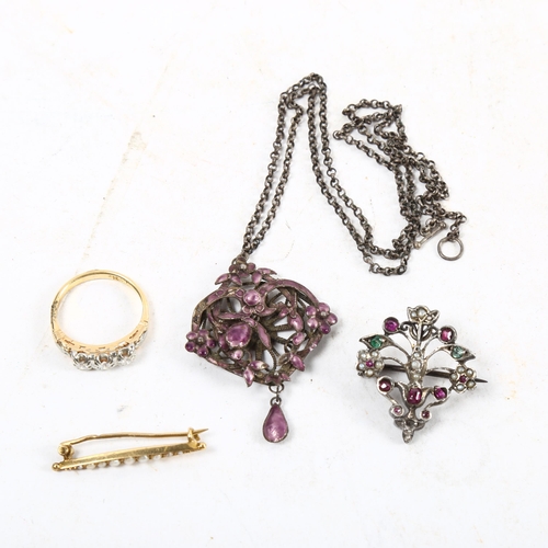 1077 - A group of jewellery, including an Austro-Hungarian ruby emerald and pearl brooch, a small 19th cent... 