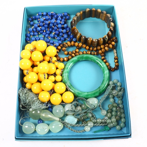 1079 - Various bead necklaces, including jadeite, lapis and tigers eye etc