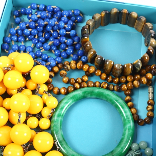 1079 - Various bead necklaces, including jadeite, lapis and tigers eye etc