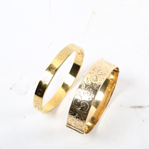 1081 - A 9ct rolled gold engraved bangle, and a gilded bangle