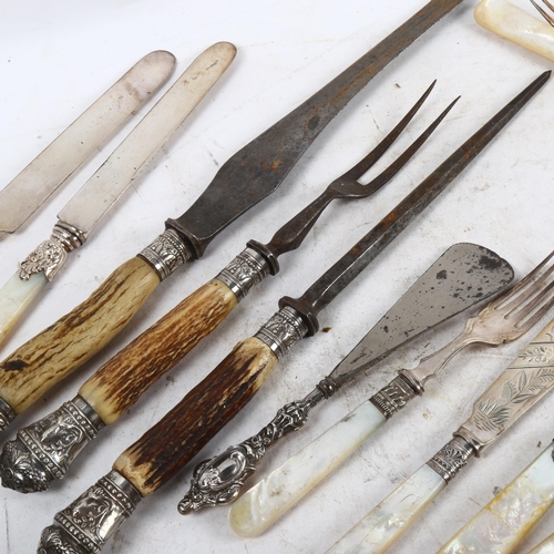 1087 - Various staghorn and mother-of-pearl handled cutlery, including carving set with silver mounts