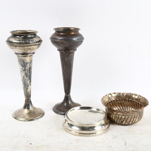 1092 - A pair of silver vases, height 19cm, a small fluted silver bowl, and a silver stand (4), 6.6oz weigh... 