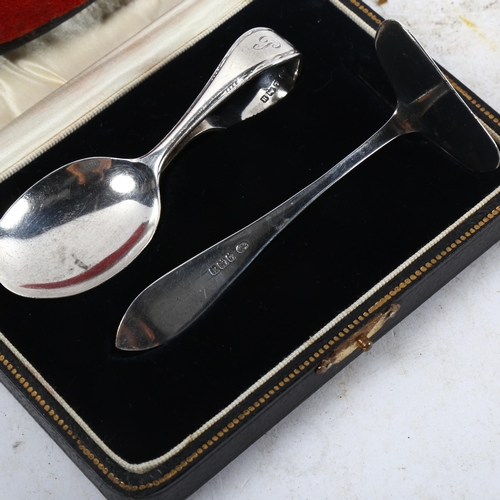 1095 - A cased silver christening set, and a Victorian silver desk blotter