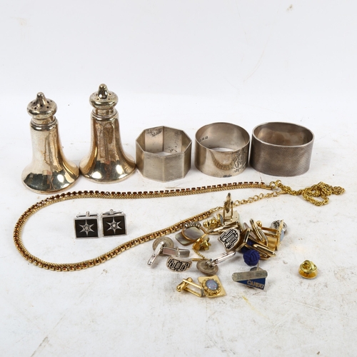 1100 - 3 silver napkin rings, a silver cruet set, and various costume jewellery