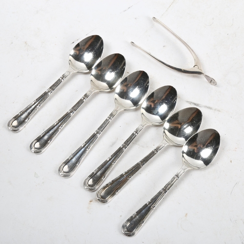 1102 - A set of 6 silver coffee spoons, and a pair of silver wishbone sugar nips