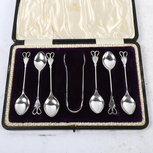 1103 - A cased set of Art Nouveau silver plated teaspoons and matching tongs, maker's marks for Lews