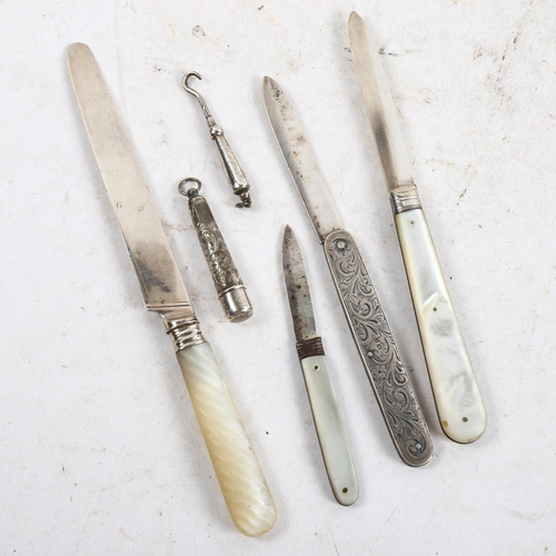 1109 - 2 mother-of-pearl handled and silver-bladed fruit knives, a silver fruit knife, a miniature silver-h... 