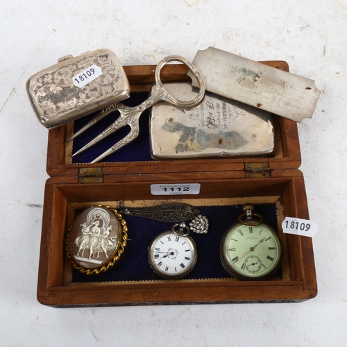 1112 - A silver-cased Waltham top-wind pocket watch, 2 silver cigarette cases, a carved cameo in gilt-metal... 