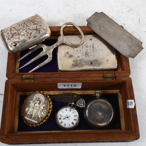 1112 - A silver-cased Waltham top-wind pocket watch, 2 silver cigarette cases, a carved cameo in gilt-metal... 