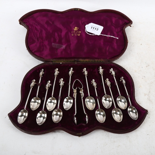 1113 - A cased set of early 20th century silver plated teaspoons, with cherub finials and spiral handles, m... 