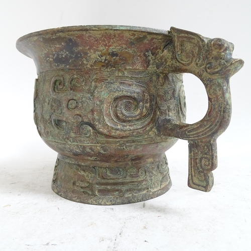 213 - A large Chinese Archaic style patinated bronze incense burner, rim diameter 20cm