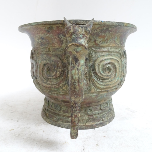 213 - A large Chinese Archaic style patinated bronze incense burner, rim diameter 20cm