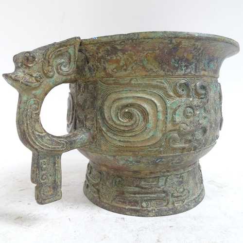 213 - A large Chinese Archaic style patinated bronze incense burner, rim diameter 20cm