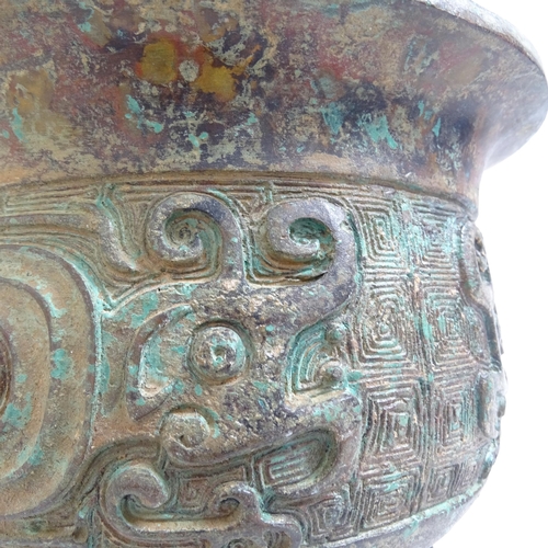 213 - A large Chinese Archaic style patinated bronze incense burner, rim diameter 20cm