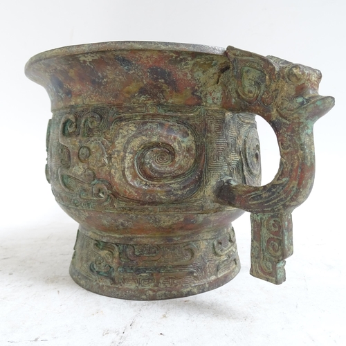 213 - A large Chinese Archaic style patinated bronze incense burner, rim diameter 20cm