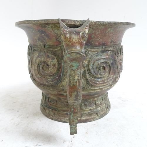 213 - A large Chinese Archaic style patinated bronze incense burner, rim diameter 20cm