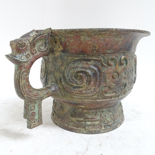 213 - A large Chinese Archaic style patinated bronze incense burner, rim diameter 20cm