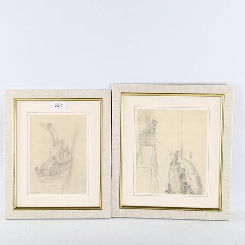 2111 - Manner of Henry Scott Tuke, 2 pencil sketches, bathers, and boating scene