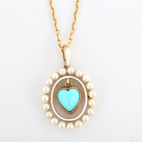 100 - An Edwardian turquoise and pearl heart openwork pendant necklace, unmarked gold settings with white ... 