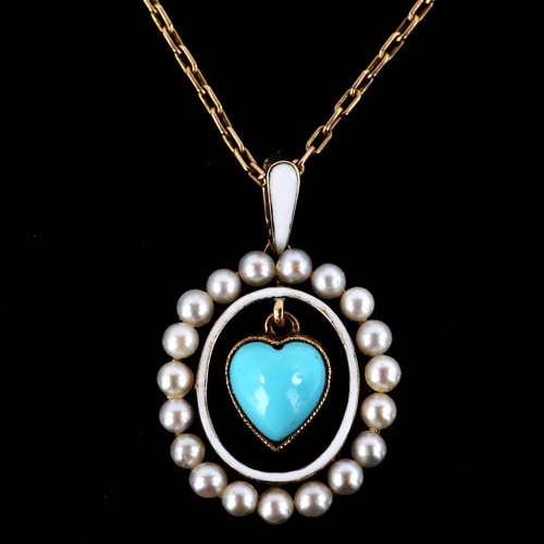 100 - An Edwardian turquoise and pearl heart openwork pendant necklace, unmarked gold settings with white ... 