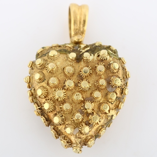 101 - A 19th century unmarked gold heart pendant, with applied cannetille beadwork decoration, pendant hei... 