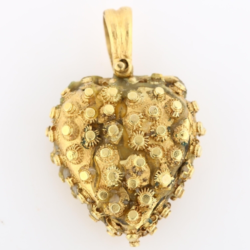 101 - A 19th century unmarked gold heart pendant, with applied cannetille beadwork decoration, pendant hei... 