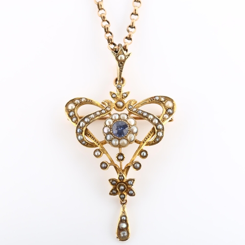 102 - An Edwardian Art Nouveau 9ct gold sapphire and pearl floral pendant necklace/brooch, on 9ct rose gol... 