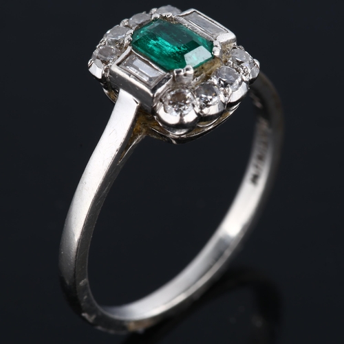 105 - An Art Deco platinum emerald and diamond ring, set with octagonal step-cut emerald, and baguette and... 