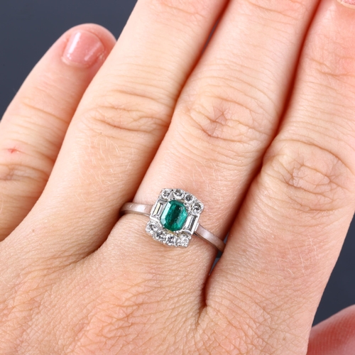 105 - An Art Deco platinum emerald and diamond ring, set with octagonal step-cut emerald, and baguette and... 