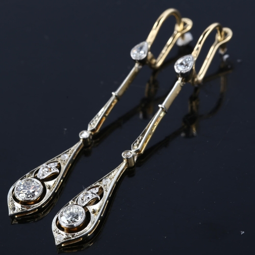 106 - A pair of Art Deco diamond openwork pendant earrings, unmarked gold and platinum settings with old E... 