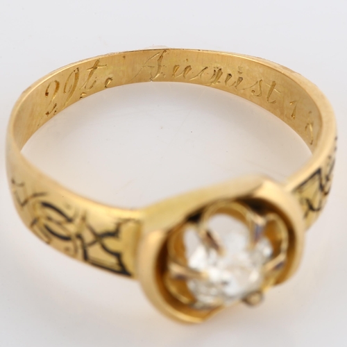 109 - A 19th century solitaire diamond memorial ring, unmarked gold settings with 0.4ct old European-cut d... 