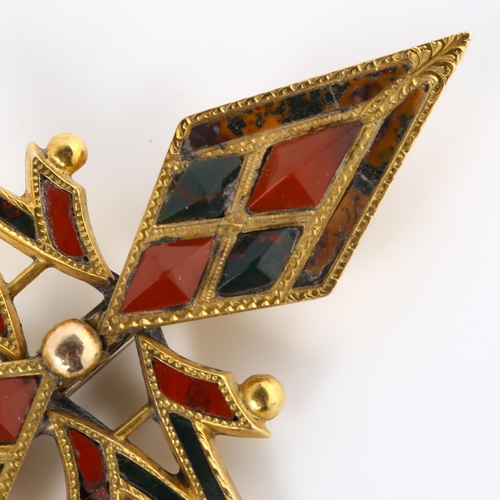 110 - A Scottish hardstone brooch, unmarked yellow metal settings with pyramid and flat-cut bloodstone jas... 