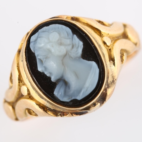 111 - A 19th century 15ct gold sardonyx cameo ring, relief carved hardstone panel depicting female profile... 