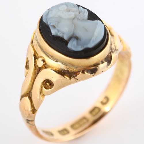 111 - A 19th century 15ct gold sardonyx cameo ring, relief carved hardstone panel depicting female profile... 