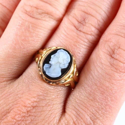 111 - A 19th century 15ct gold sardonyx cameo ring, relief carved hardstone panel depicting female profile... 